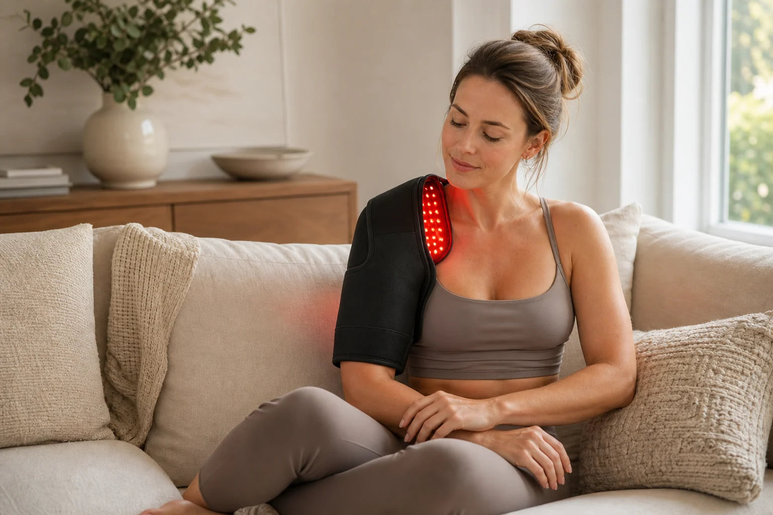 Woman using a JELTUNOR red light therapy shoulder wrap at home